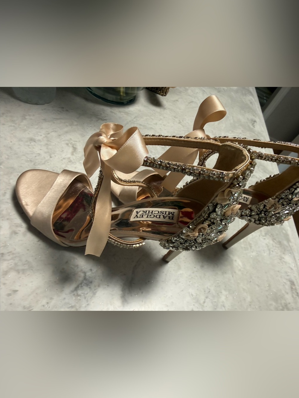 Badgley Mischka Champagne Satin Crystal Embellished Heels w/ Ribbon Ties- size 7